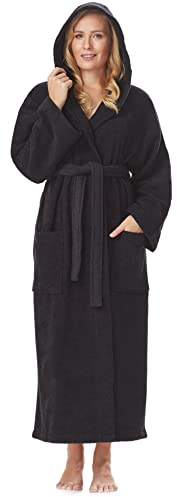 Arus Damen-Bademantel mit Kapuze, knöchellang, Baumwolle, S-M Lang, Schwarz