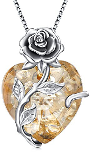 OCJ November Birthstone Necklace with Citrine Sterling Silver Rose Flower Pendant Necklace Jewellery Birthday Christmas Valentines Gifts for Women Girls Her Wife