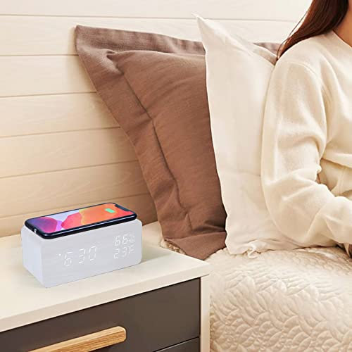Sveglia digitale in legno, radio FM, caricabatterie wireless veloce per iPhone/Samsung Galaxy, dimmer a 5 livelli, porta di ricarica USB, 2 suoni, timer di sonno, orologio LED in legno per camera da