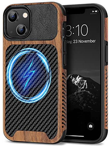 TENDLIN Magnetische Schutzhülle Kompatibel mit iPhone 14 Hülle Holz und Carbon Textur Design Leder Hybrid Handyhülle (Kompatibel mit MagSafe) Schwarz