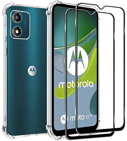 For Moto Motorola E13 Case and Screen Protector,Motorola E13 6.5” Clear Phone Case+2 Pack Tempered Glass,Anti Scratch,Easy to install Film,Soft TPU Protective Cover Phonecase,Shock-Absorbing Corners