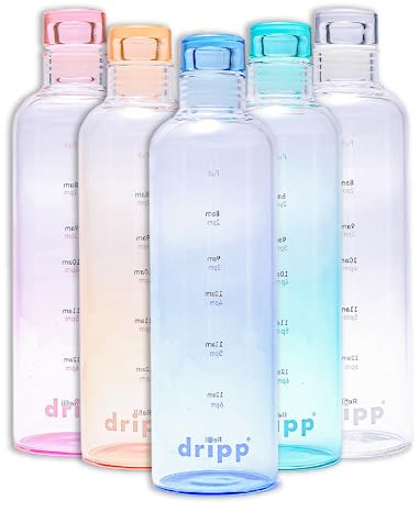 DRIPP Borosilicate Glass Water Bottle 500ml BPA-Free Leak Proof Ideal for School Home Office Travel Sport Yoga Gym Hot Cold Drinks Motivational Drinking Bottle with Time Markings (Blue)