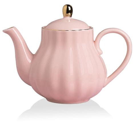 Sweejar Home Royal Teapot, Ceramic Tea Pot with Removable Stainless Steel Infuser, Blooming & Loose Leaf Teapot - (5-6cups) 1100 ml (Pink)
