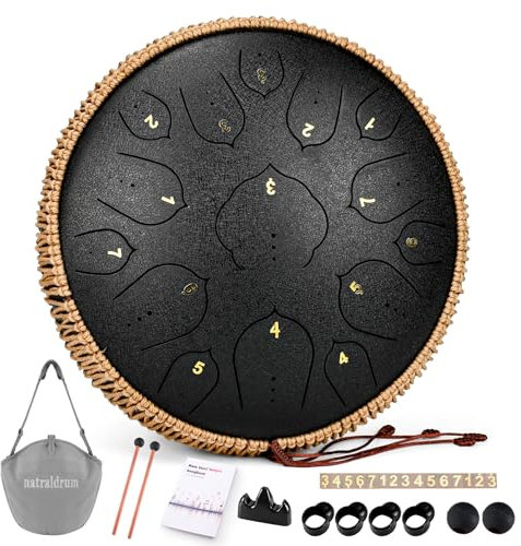Steel Tongue Drum - natraldrum 15 Note 14 Inch Tongue Drum Instrument - Hand Pan Drums with Music Book, Steel Handpan Drum Mallets and Carry Bag, D Major for Meditation or Yoga(black)