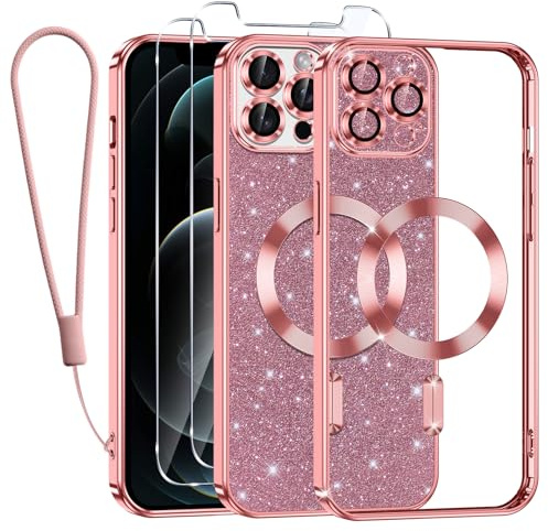 Kokio Glitter Magnetica Cover per iPhone 12 Pro con Cordino, Compatibile con MagSafe, Brillantini Sottile Silicone TPU Antiurto Custodia per iPhone 12 Pro con 2 Vetro Temperato Bumper, Rosa