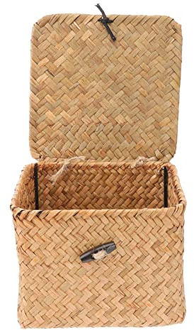 Ciieeo Box Woven Snack Basket Small Wicker Storage Bins Desk Wicker Hampers for Laundry with Lid Woven Hamper Wicker Storage Basket Makeup Brush Organizer Wooden Manual Handmade Flowers