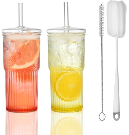 VITEVER 600ML Bubble Tea Glasbecher mit Deckel und Strohhalm,2 Pack High Borosilicate Glas Longdrinkglas Set für Eiskaffee Saft Smoothie Wasser Tee, Transparente gestreifte Glas-Wasserbecher