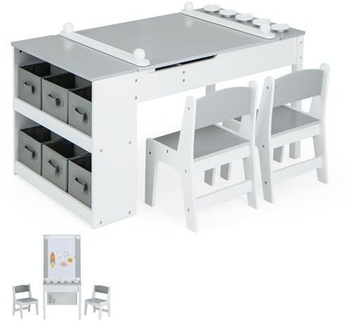 LIFEZEAL 3 in 1 Kindersitzgruppe aus Holz, Kindertisch mit 2 Stühlen, Kinder Tafel & Basteltisch & Lerntisch, Kindermöbel Kinderzimmer Set, Innen mit Papierrolle & Stauraum, ab 3 Jahren (Grau)