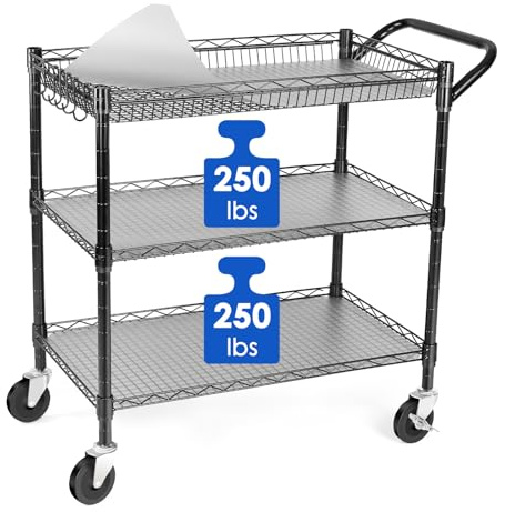 WDT Heavy Duty 3 Tier Utility Cart,Wire Rolling Cart with Wheels, Commercial Grade Service Cart with Shelving Liners and Handle Bar Metal Carts for Kitchen Office Hardware