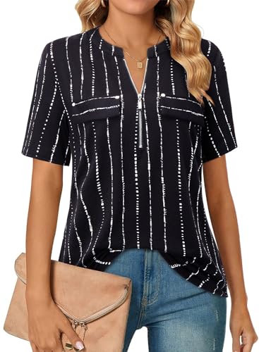 Amrto Bluse Schwarz Damen V-Ausschnitt Reißverschluss T-Shirt Oberteile Kurzarm Tunika Arbeit Hemd Longbluse Elegant Blusen Casual Business Shirt Hemdbluse Schwarz Gestreifte, XL