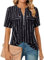 Amrto Bluse Schwarz Damen V-Ausschnitt Reißverschluss T-Shirt Oberteile Kurzarm Tunika Arbeit Hemd Longbluse Elegant Blusen Casual Business Shirt Hemdbluse Schwarz Gestreifte, XL