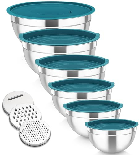 TEAMFAR Rührschüssel 6er Set, Edelstahl Schüssel mit Deckel, Blau | Salatschüssel für Küche,3 Reibenaufsätzen & Luftdichtem Deckel, Stapelbar, Spülmaschinengeeignet, 4,6/2,8/2,5/1,6/1,2/0,7L