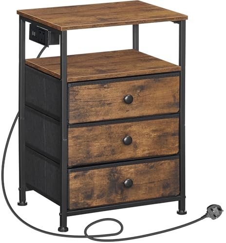 HOOBRO Bedside Table with Charging Station, End Table with 3 Fabric Drawers, Sofa Side Table with USB Ports and Socket, Nightstand for Bedroom, Living Room, Rustic Brown and Black EBF403KBZ01