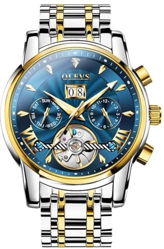 OUPINKE Herrenuhr Automatik Luxus Skelett Mechanik Blau Zifferblatt mit Diamanten Tourbillon Tag Datum Wasserdicht Luminous Zweifarbige Edelstahlarmband