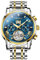 OUPINKE Herrenuhr Automatik Luxus Skelett Mechanik Blau Zifferblatt mit Diamanten Tourbillon Tag Datum Wasserdicht Luminous Zweifarbige Edelstahlarmband