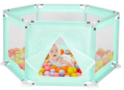 Queiting Baby Laufstall Netz-Seitenfenster Sechseckiger Gitterzaun Faltbares und Kompaktes Kinder Laufgitterzelt Spielen im Innen-oder Außenbereich Tresor Krabbeln 128cm x 110cm x 65cm (Hellgrün)