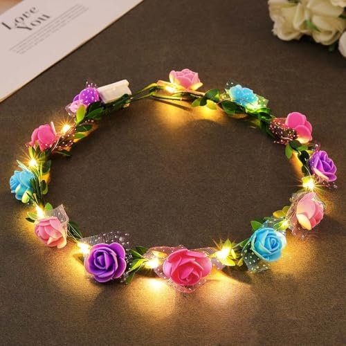 Zoestar Leuchtendes Blumenkronen-Stirnband LED-Haarkranz-Stirnbänder Blumenkopfschmuck für Bräute, Festival- und Party-Haaraccessoires für Frauen (Bunt, Standardgröße)