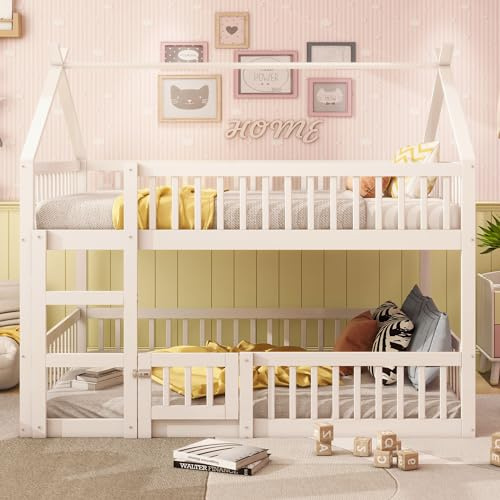 Etagenbett für 2 Kinder, 140x200 cm Kinderbett Bodenbett Hausbett mit Rausfallschutz und Lattenrost,Vollschutzgitter und Türen,Massivholz Doppelbett Stockbett Gitterbett Jugendbett,Ohne Matratze,Weiß