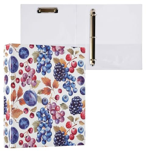 Ordner mit Früchten, Brombeeren, Trauben, Pflaumen, 3,8 cm, 3 Ringe, rund, hält 200 Blatt, vielseitige Ordner für Arbeit, Schule, Büro, 1 Packung