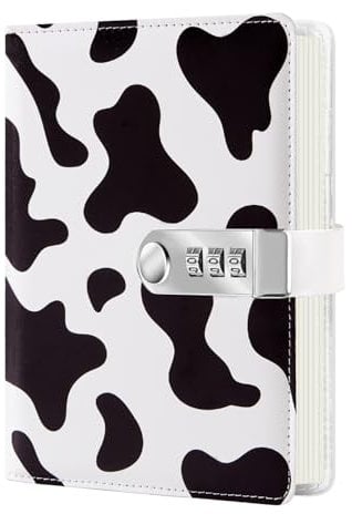 Bindundun Diary with Lock,PU Leather Hardcover Notebook A5,Cute Lined College Ruled Journals with Pen Holder for Travel Diary Office Notepad(cow) (Cow)