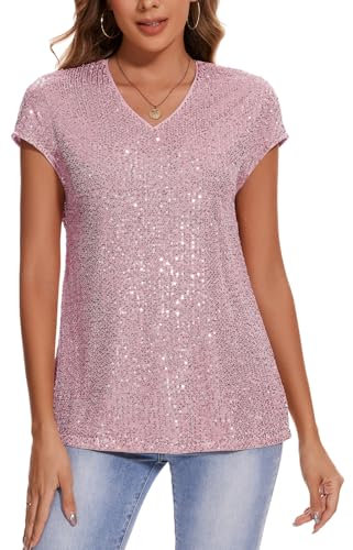 MINTLIMIT Glitter Tops for Women UK Short Cap Sleeve T Shirt Sequin Blouse V Neck Tunic Top (Pink S)