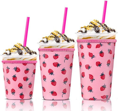 Iced Coffee Cup Sleeve for Large Sized Cups, Reusable Neoprene Iced Coffee Cup Holder for Hot Cold Drinks, Compatible with Starbucks, Dunkin Donuts, and More (Pink Strawberry)