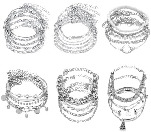 LOCCY 27 pezzi Set di bracciali Boho in argento Set di bracciali in argento Bracciali a catena per donne Bracciale intrecciato in argento Bracciale in corda Bracciale da tennis