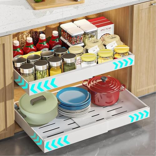 Hykiee Pull Out Cabinet Organiser 2 Pack, Extendable Slide Out Kitchen Cupboard Drawer Organiser, No Drill Corner Adjustable Drawers for Shelf Storage, Pantry, Bathroom, (32-52 CM W x 42 CM D x 6CM H)