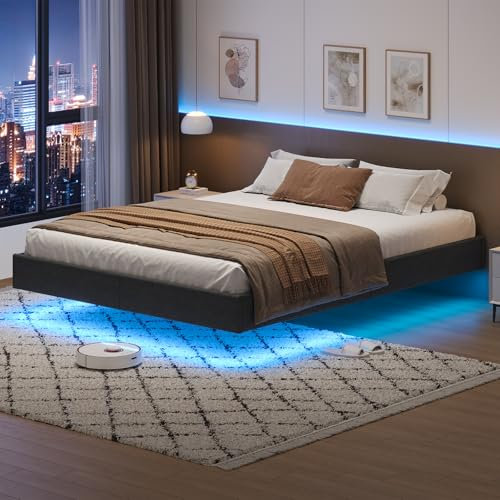 KIMENICH Bett 140 x 200 cm, Bettrahmen, Bett mit LED Beleuchtung, Schwebender visueller Effekt, Polsterbett, Bettgestell mit Lattenrost, bequem, für Schlafzimmer, Gästezimmer, Leinenstoff grau
