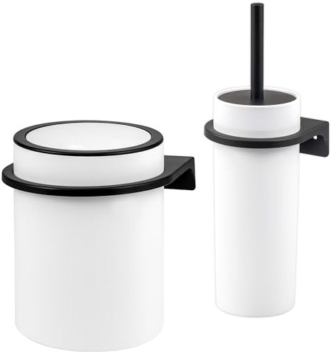bremermann rundes 2tlg. Bad-Set Savona mit gummierter Softtouch-Oberfläche inkl. Wandhalterung zum Kleben oder Bohren, moderner Kosmetikeimer 5,5 Liter und WC-Garnitur aus Kunststoff (Weiß)