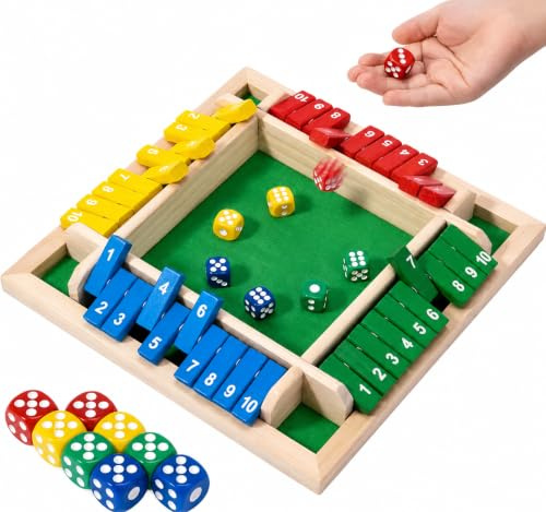 Wooden Shut the Box Dice Board Game, 22 x 22 x 4 cm, 4 Players, Multi-Coloured