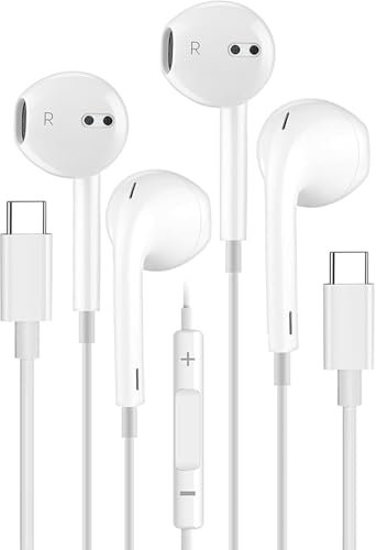 Aiwgyibo Lot de 2 Écouteurs USB C, Casque USB C avec Micro et Contrôle du Volume, Ecouteur Stéréo HiFi Compatibles avec Galaxy S24/S23/S22/S21, etc (Blanc)
