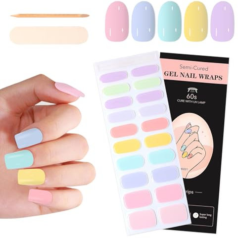 JSRQT Semi Cured Gel Nail Strips Long Lasting 20 PCS Salon-Quality Stickers Polish Wraps Stick On DIY Manicure Soft Self-Adhesive Tip UV/LED Lamp Required with Nail File Wooden Stick for Women Home