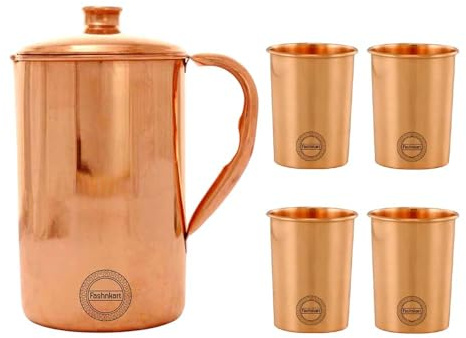 Krug aus reinem Kupfer mit 4 Bechern für die ayurvedischen gesundheitlichen Vorteile, handgefertigter Wasserkrug aus Kupfer, 1,5 Liter, mit 4 Tassen