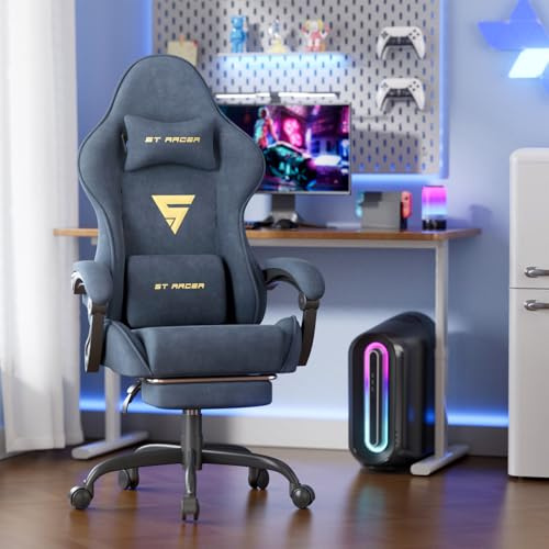 WoRaum Gaming Stuhl,Atmungsaktiver und Ergonomischer Bürostuhl aus Mikrofaser-Velours,Computerstuhl mit verstellbare Kopfstütze und Lendenkissen,Armlehnen,Fußstütze (Grau)