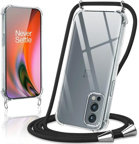 Coiwxmoi Handykette Handyhülle für OnePlus Nord 2 5G Hülle mit Band 6,43,Transparent Case mit Kette Abnehmbar zum Umhängen Kordel Schutzhülle,Weich Silikon TPU Stoßfest Cover,Schwarz