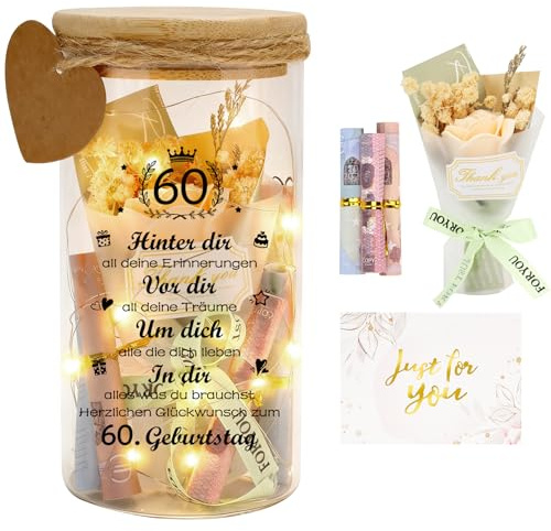 60. Geburtstagsgeschenk Geld Leuchtflasche für Geldgeschenke, Mann Frau zum 60. Personalisiert LED Flaschenlicht Geburtstag Geschenk Dekoflasche Spardose mit Trockenblumen LED-Leuchten und Karten