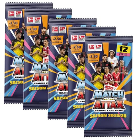 Match Attax Bundesliga Sammelkarten 2025/26 | 5X Booster Packs | Bundle mit je 12 Karten pro Pack (60 Karten insgesamt) | Fußball Trading Cards