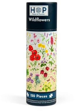 The House of Puzzles Wildflowers Puzzle Tube | 150 Piece Vintage Style Flower Themed Mini Jigsaw | Travel Jigsaws for Adults & Kids | Small Gifts & Novelty Stocking Fillers | Sustainably Made Board