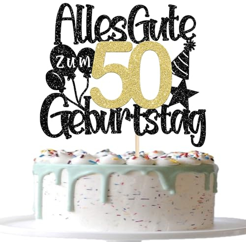 1 Stück 50th Geburtstag Kuchen Deko Alles Gute zum 50 Geburtstag Tortendeko Luftballon Hut Muster Cake Topper für 50th Jahrestag Party Kuchen Dekoration Schwarz Gold