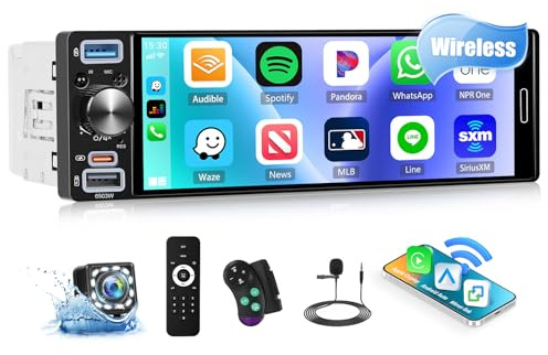 CAMECHO Autoradio 1 Ddin sans Fil Carplay Android Auto Bluetooth Radio | 6.5 Pouces, FM/AM/RDS, avec Caméra de Recul, Radio Écran Tactile Incell HD avec Commande au Volant, USB Type-C