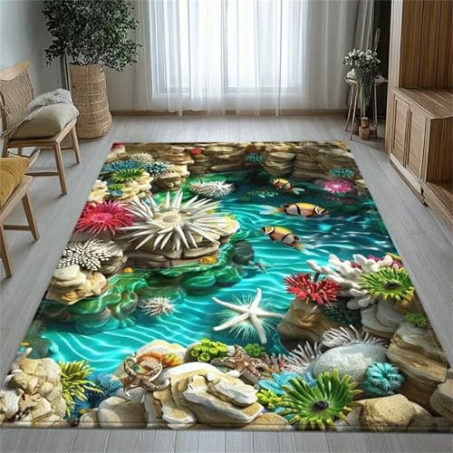 USHIRUG Meerestiere Teppich, 180x230cm, Optische Täuschung Korallenriff Seestern Fisch Teppichmatte, 3D-Gedruckter Großer Teppich für Den Innenbereich, rutschfest, Waschbar, Teppiche für Wohnzimmer
