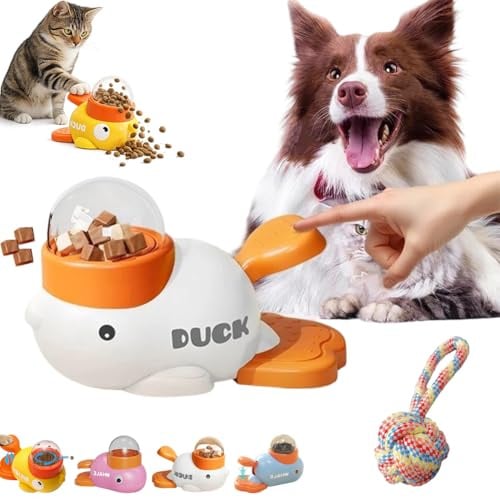 Duck Cat Treat Dispenser, Little Yellow Duck Cat Feeder Toy, Interactive Dog Treat Dispenser Toy, Pet Puzzle Slow Feeder for Healthier Eating, Mental Stimulation & IQ Training (White)