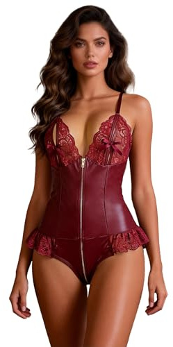 sunshinelady Sexy Body Damen PU Bodysuit Mit Spitze Clubwear Große Größen | Unterwäsche Lederoptik Teddy V Ausschnitt Babydoll Verstellbar Dessous Reizwäsche Curvy Women Lingerie in Geschenkbox
