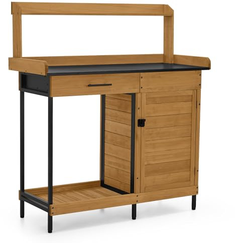 M MCombo Pflanztisch mit Schublade, Ablage, Verzinkter Arbeitsplatte & Schrank, Gärtnertisch Wetterfest mit 3 Haken, Blumentisch Massivholz für Garten, Balkon & Terrasse, 2049 (Natur)