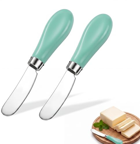 Homzixt 2Pack Ceramic Handle Stainless Steel Butter Knife, Dishwasher Safe | Butter Spreader Knife Set for Kitchen, Cold Butter, Jam, Soft & Hard Cheese (blue)