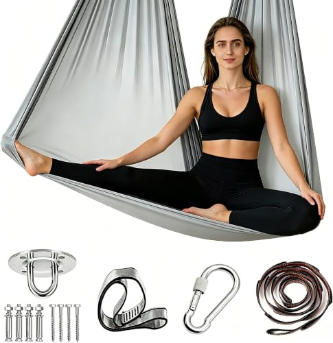 Aerial Yoga Hängematte Set, Nestschaukel, Aerial Yoga Swing Air Fliegen, Indoor 200 Kg Max, 280x150cm, Yogas Hammock Swing mit Karabiner, Befestigung, Nägel & Zubehör für Übungen