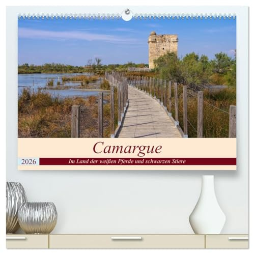Camargue - Im Land der weißen Pferde und schwarzen Stiere (hochwertiger Premium Wandkalender 2026 DIN A2 quer), Kunstdruck in Hochglanz: Landschaftsidyll in schwarz-weiß-rosarot (CALVENDO Orte)