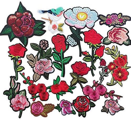 Chenkou Craft 20 Stück zufällig bestickte Rosenblüten zum Aufbügeln oder Aufnähen, bestickte Aufnäher (Blume/20 Stück)