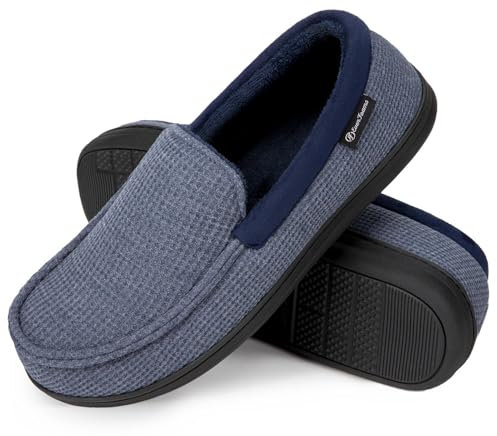 EverFoams Men's Comfort Memory Foam Moccasin Slippers Breathable Terry Cloth House Shoes with Anti-Skid Rubber Sole Blue 7 UK